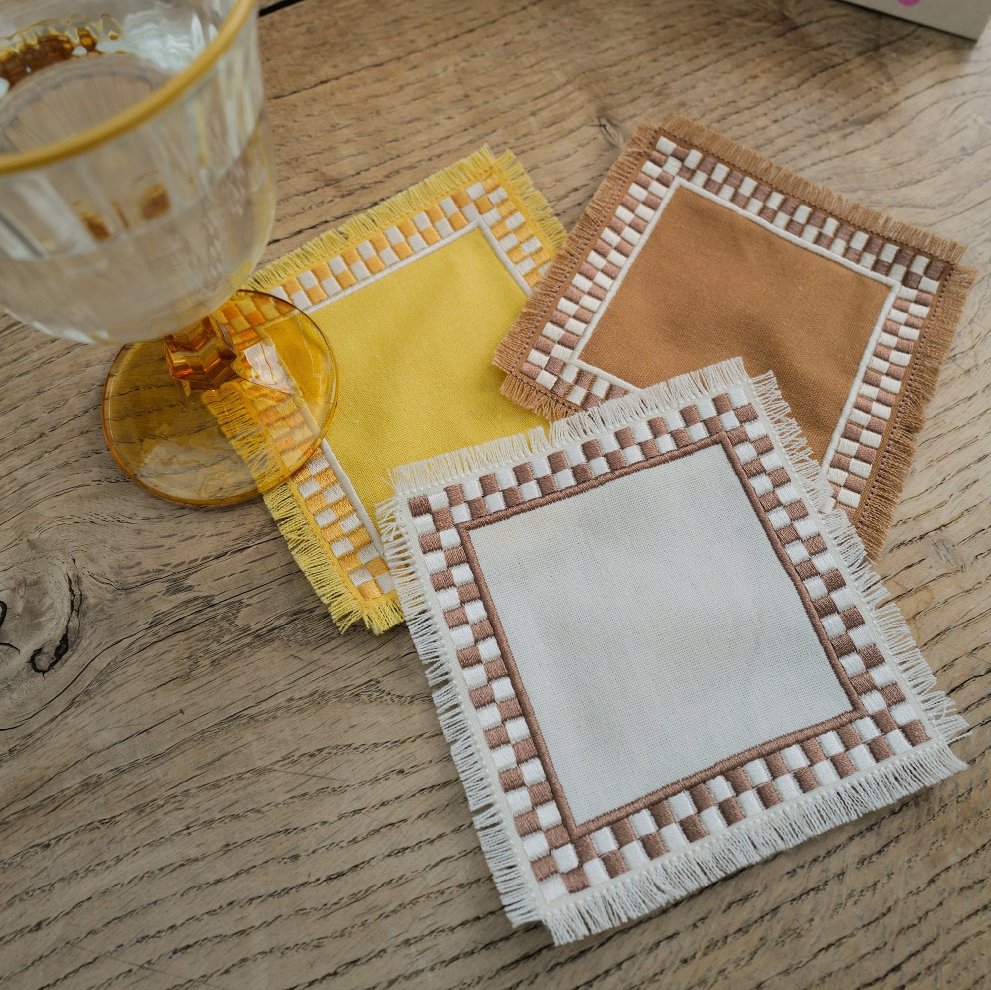 Yellow Brown White Linen Coasters